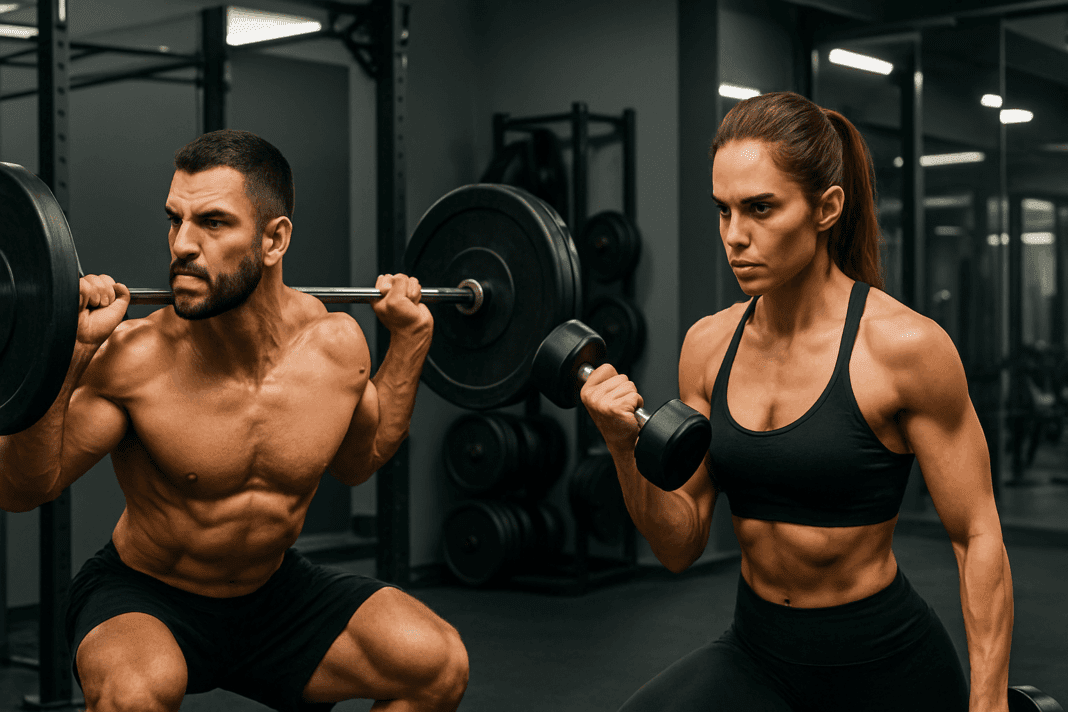 Transform Your Body with This Powerful 8 Week Weight Training Program for Total Strength Gains_01 Focused man performing barbell squats and woman doing dumbbell curls in a modern gym for an 8 week weight training program.